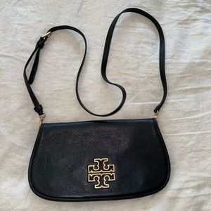 Tory Burch black leather crossbody clutch gold chain